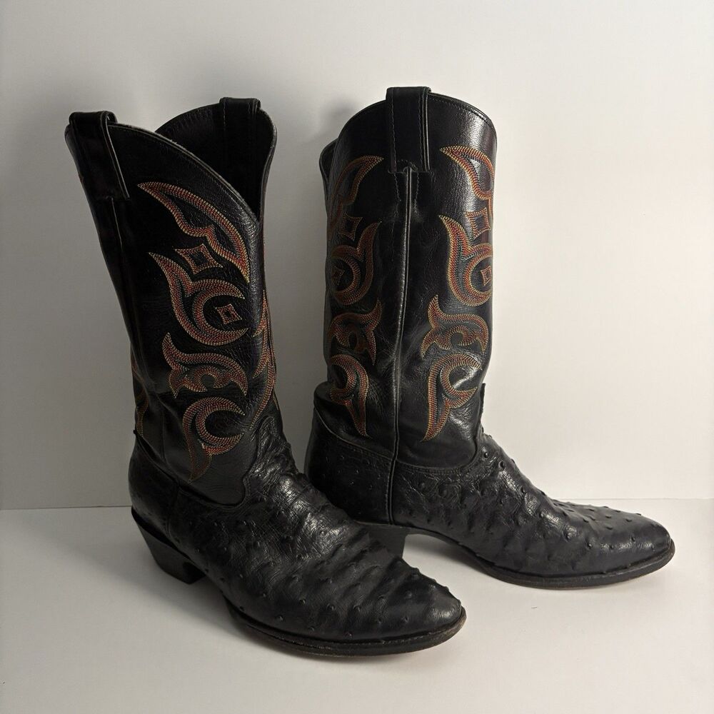 JUSTIN 8933 USA Men's Sz 10D Exotic Western Boots Black Full Quill Ostrich Foot
